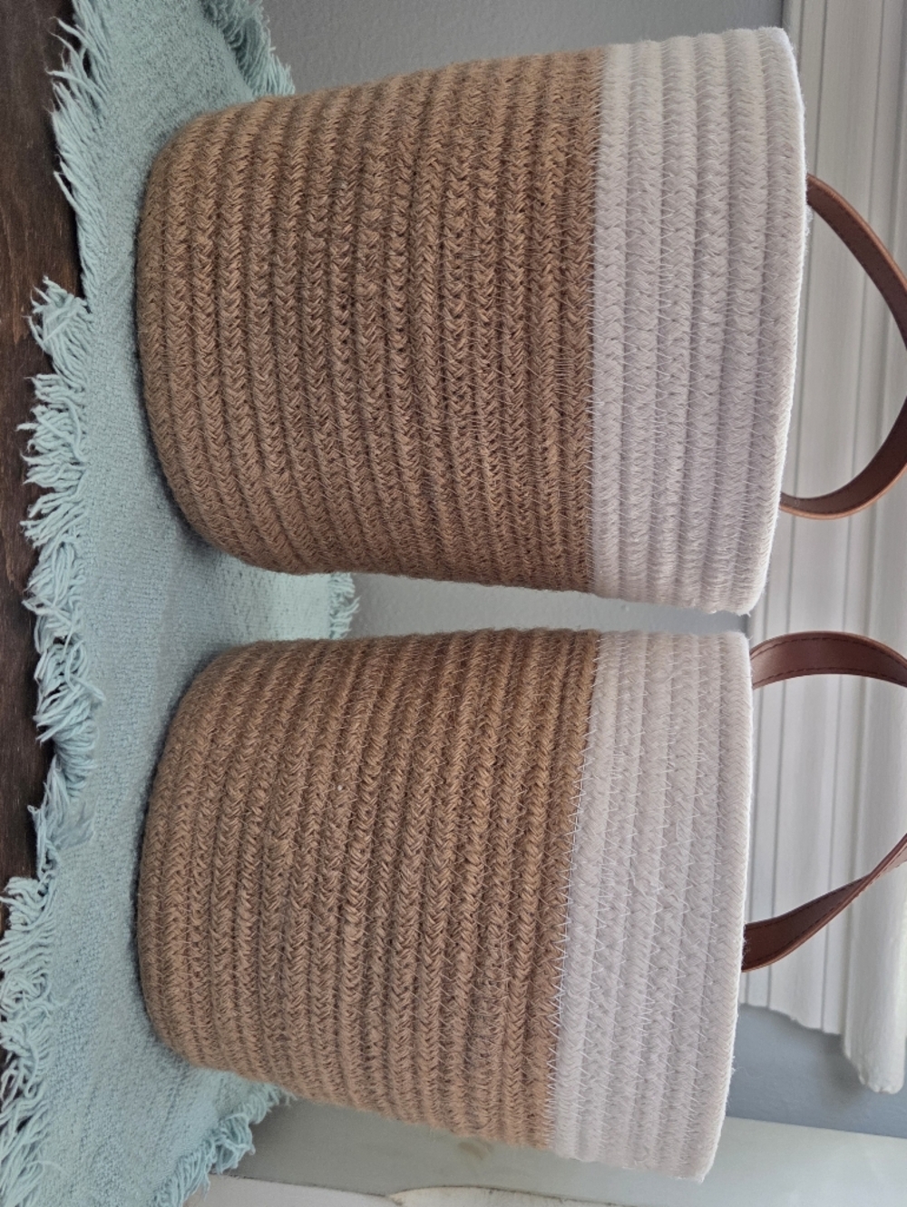 Woven Two-Tone Storage Basket with Leather Handle – White & Brown